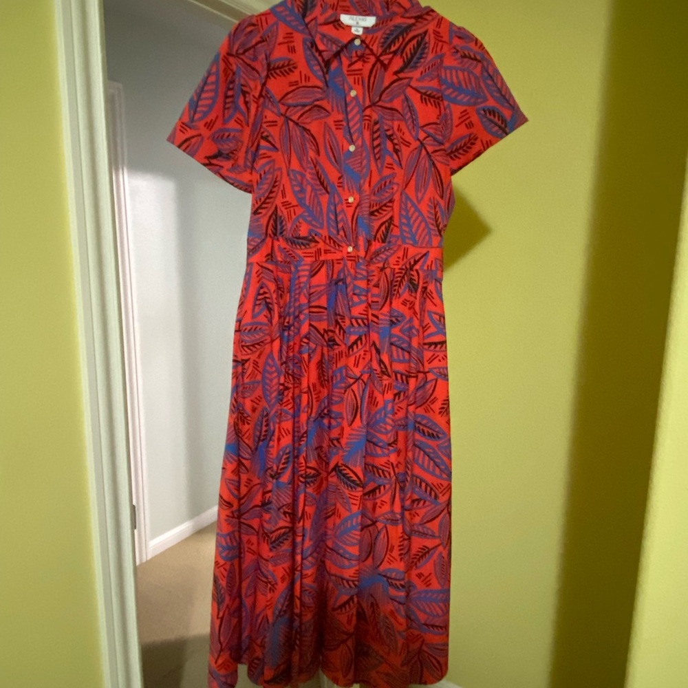 Alexis Red and Blue Leaf Pattern Midi Dress